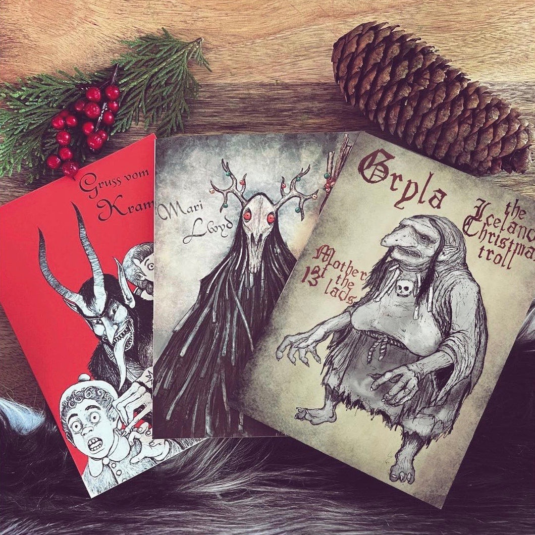 Krampus, Mari Lwyd and Gryla Christmas Card Trio